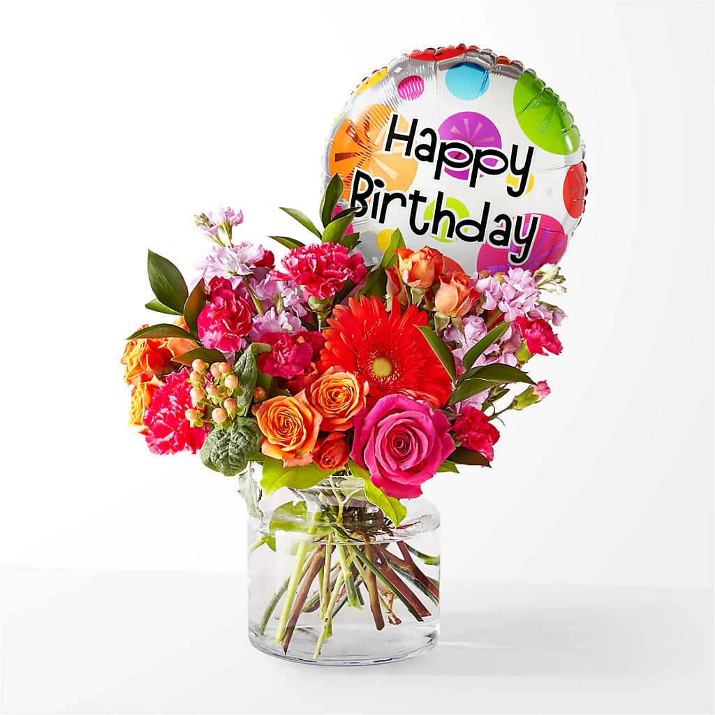 Fiesta Bouquet with Birthday Balloon – Lighthouse Florist And Custom Designs, Rochester NY