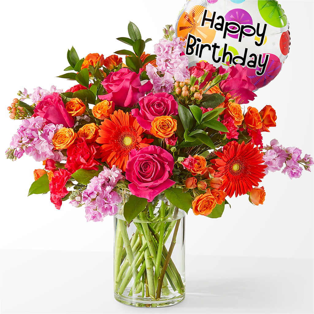 Fiesta Bouquet with Birthday Balloon – Lighthouse Florist And Custom Designs, Rochester NY