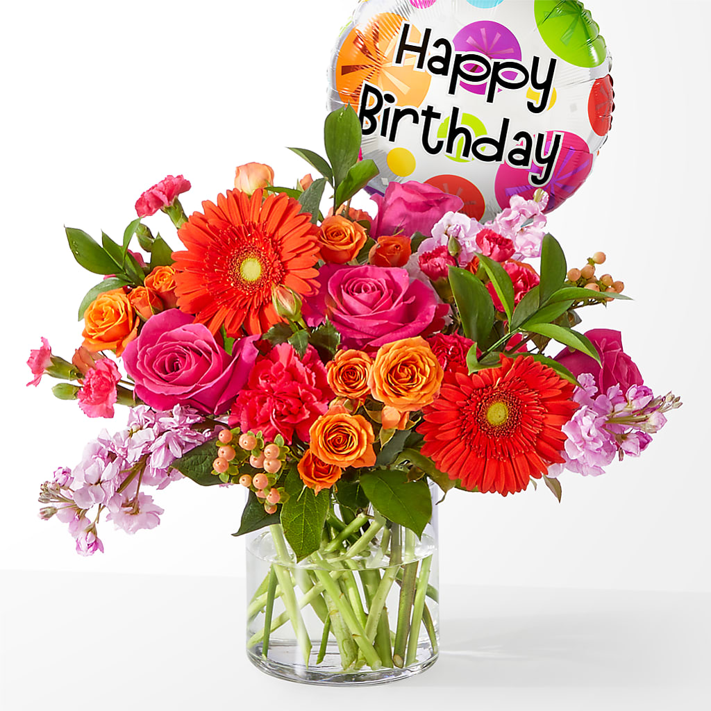 Fiesta Bouquet with Birthday Balloon – Lighthouse Florist And Custom Designs, Rochester NY