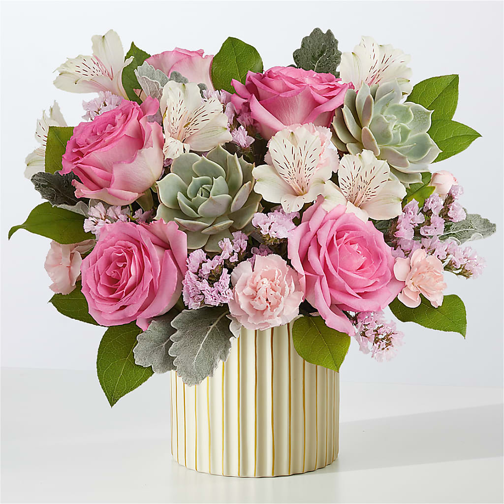 Dusty Rose Bouquet with Ivory Vase – Lighthouse Florist And Custom Designs, Rochester NY