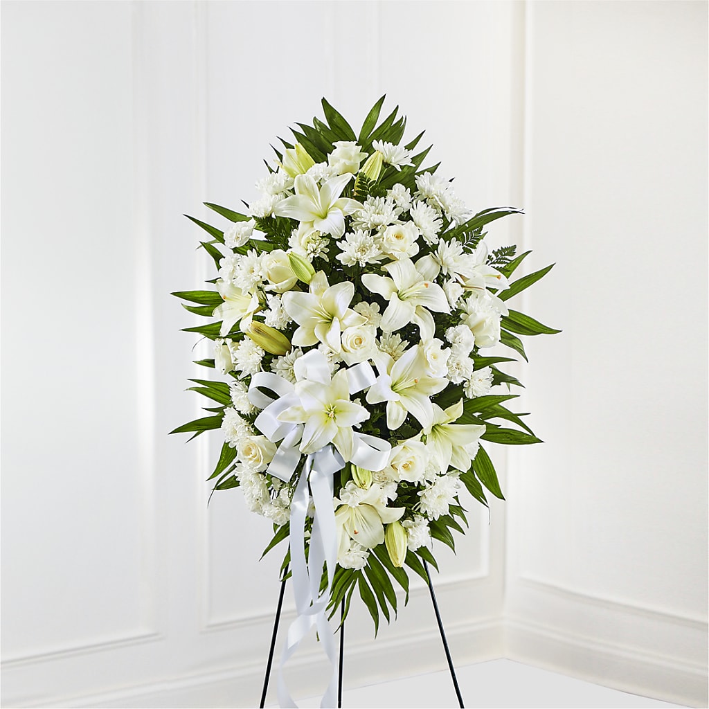 Exquisite Tribute Standing Spray-White Ribbon – Lighthouse Florist And Custom Designs, Rochester NY